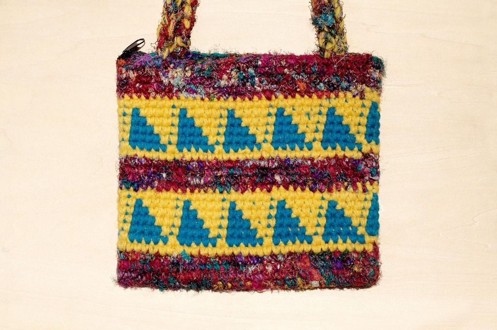 Christmas gift natural wool crochet cross-body bag / backpack / side backpack / shoulder bag / travel bag-saree line triangle geometric hill totem - Messenger Bags & Sling Bags - Wool Multicolor