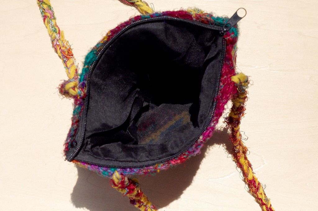 Christmas gift natural wool crochet cross-body bag / backpack / side backpack / shoulder bag / travel bag-saree line triangle geometric hill totem - Messenger Bags & Sling Bags - Wool Multicolor