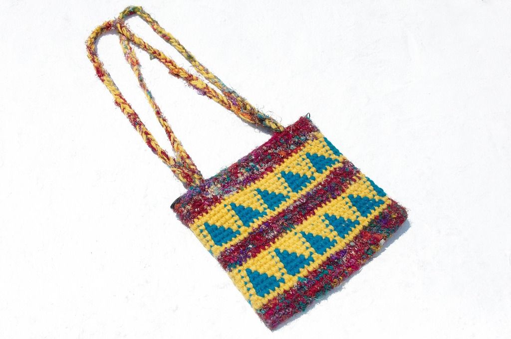 Christmas gift natural wool crochet cross-body bag / backpack / side backpack / shoulder bag / travel bag-saree line triangle geometric hill totem - Messenger Bags & Sling Bags - Wool Multicolor