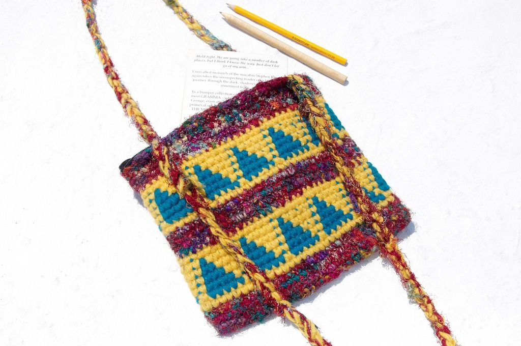 Christmas gift natural wool crochet cross-body bag / backpack / side backpack / shoulder bag / travel bag-saree line triangle geometric hill totem - Messenger Bags & Sling Bags - Wool Multicolor