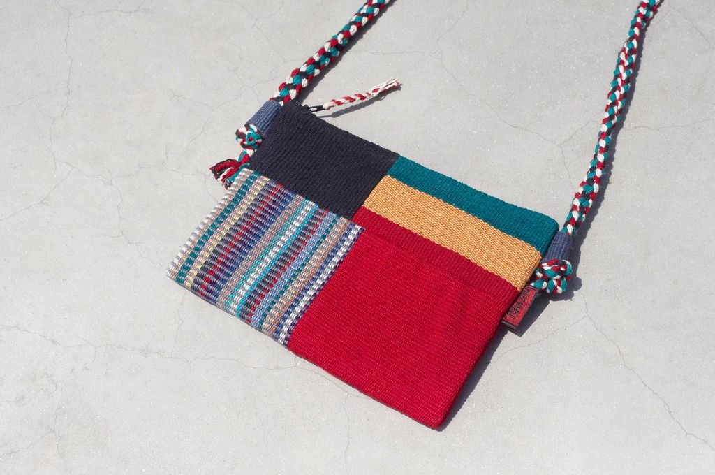 Limited one piece of natural hand-woven fabric stitching cross-body bag / backpack / shoulder bag / small bag / travel bag-Mondrian bright color patchwork design - Messenger Bags & Sling Bags - Cotton & Hemp Multicolor
