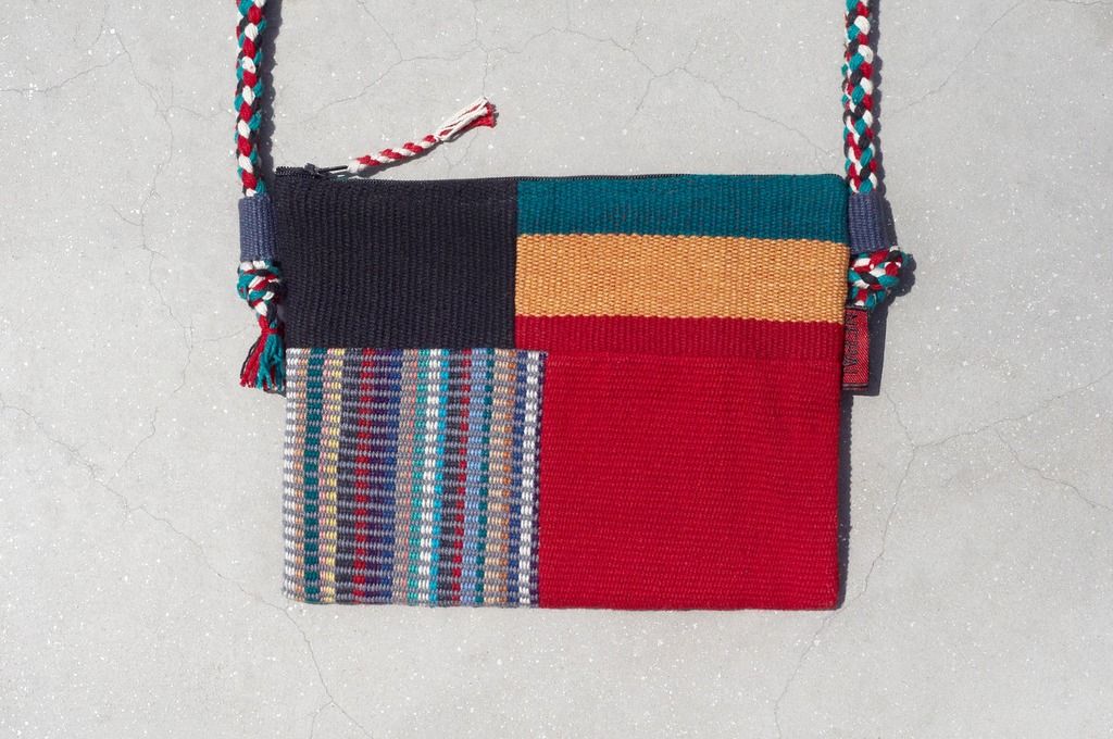 Limited one piece of natural hand-woven fabric stitching cross-body bag / backpack / shoulder bag / small bag / travel bag-Mondrian bright color patchwork design - Messenger Bags & Sling Bags - Cotton & Hemp Multicolor