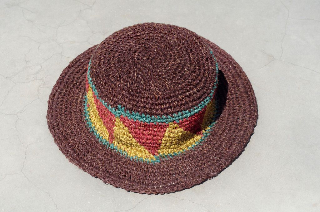 Limited edition handmade knitted cotton hood / knitted hat / fisherman hat / sun hat / straw hat - chocolate brown triangle geometric weaving - Hats & Caps - Cotton & Hemp Multicolor