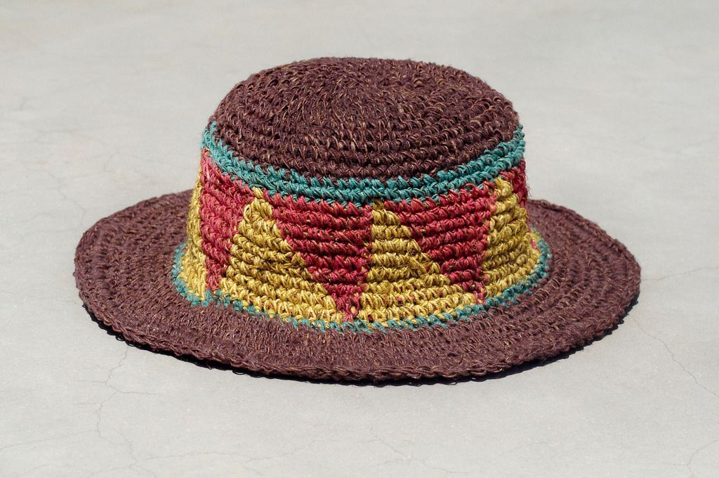 Limited edition handmade knitted cotton hood / knitted hat / fisherman hat / sun hat / straw hat - chocolate brown triangle geometric weaving - Hats & Caps - Cotton & Hemp Multicolor