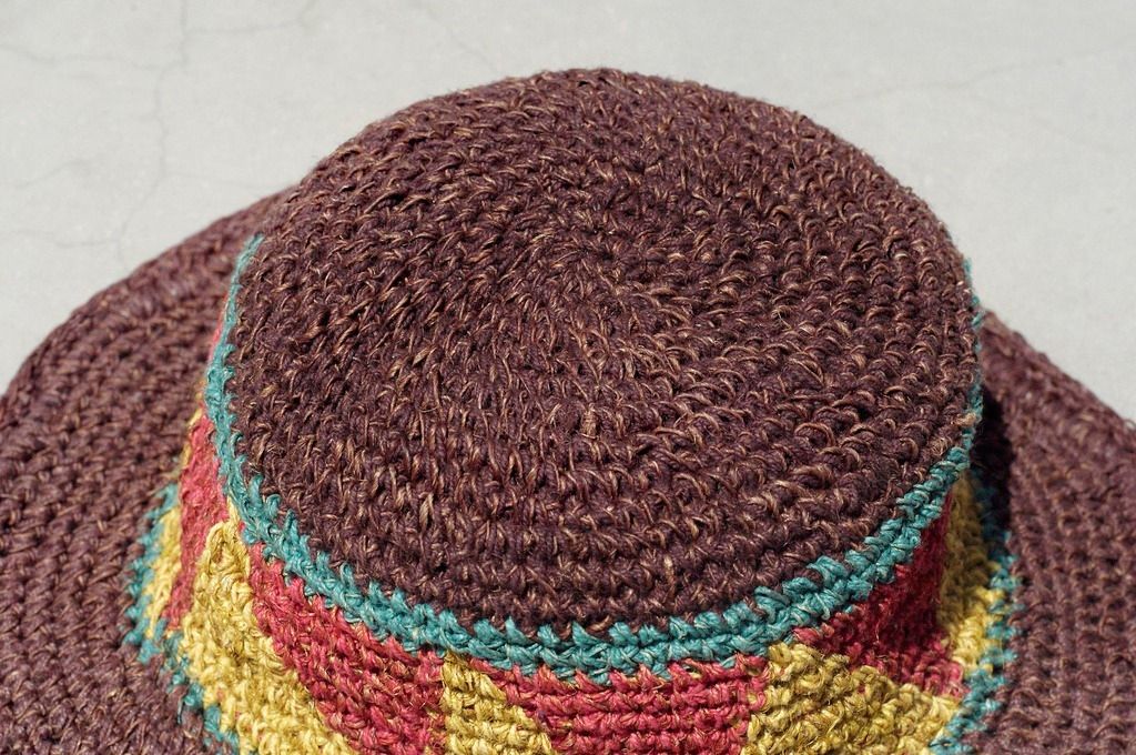 Limited edition handmade knitted cotton hood / knitted hat / fisherman hat / sun hat / straw hat - chocolate brown triangle geometric weaving - Hats & Caps - Cotton & Hemp Multicolor