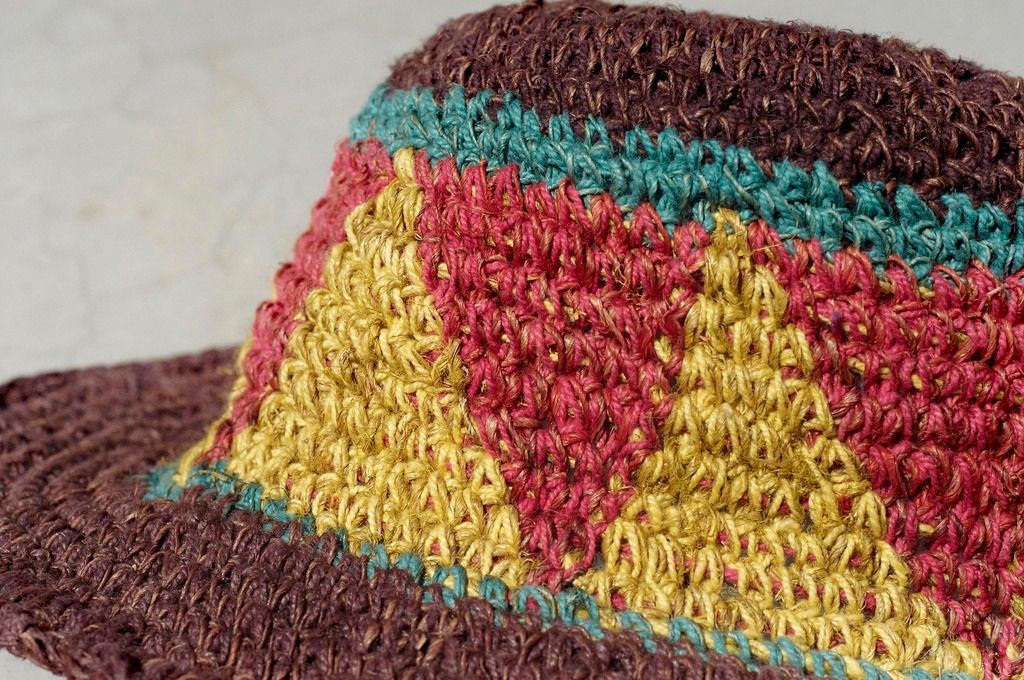 Limited edition handmade knitted cotton hood / knitted hat / fisherman hat / sun hat / straw hat - chocolate brown triangle geometric weaving - Hats & Caps - Cotton & Hemp Multicolor