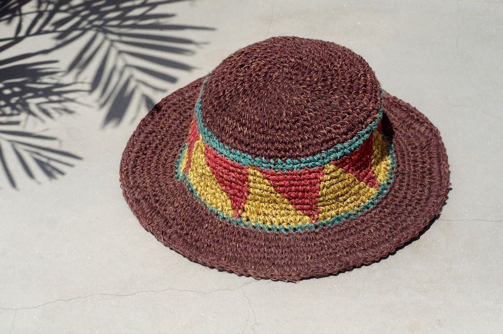 Limited edition handmade knitted cotton hood / knitted hat / fisherman hat / sun hat / straw hat - chocolate brown triangle geometric weaving - Hats & Caps - Cotton & Hemp Multicolor