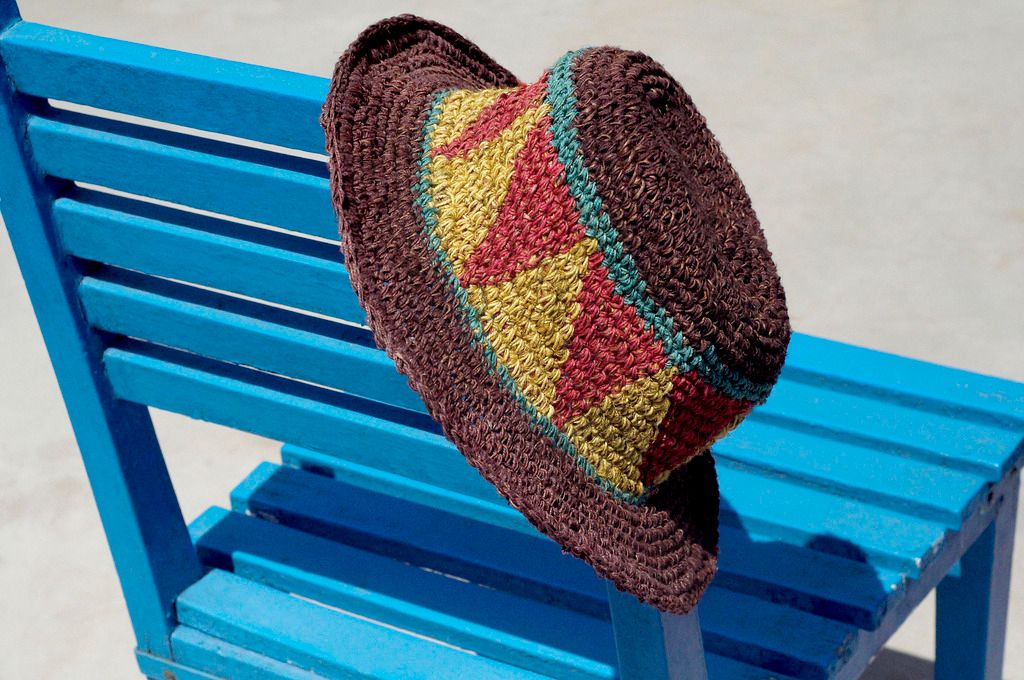 Limited edition handmade knitted cotton hood / knitted hat / fisherman hat / sun hat / straw hat - chocolate brown triangle geometric weaving - Hats & Caps - Cotton & Hemp Multicolor
