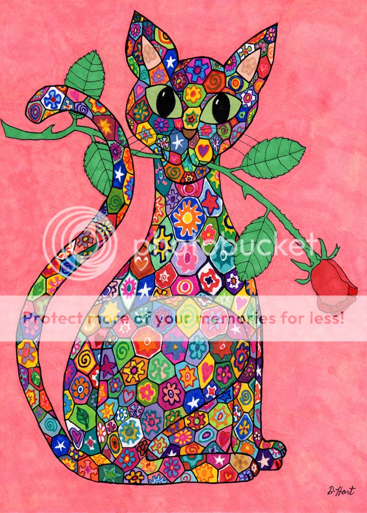 Debbie Hart Millefiori Cat with Rose Folk ACEO Print